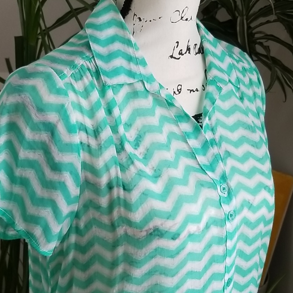 Grand & Green mint/white cap sleeve sheer blouse